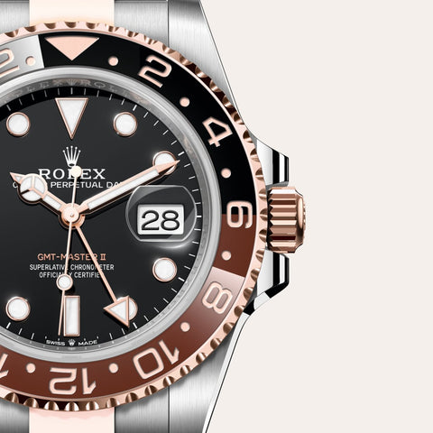 Dial closeup of a Rolex GMT-Master II watch