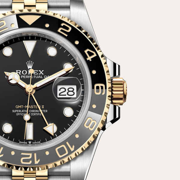 Dial closeup of a Rolex GMT-Master II watch