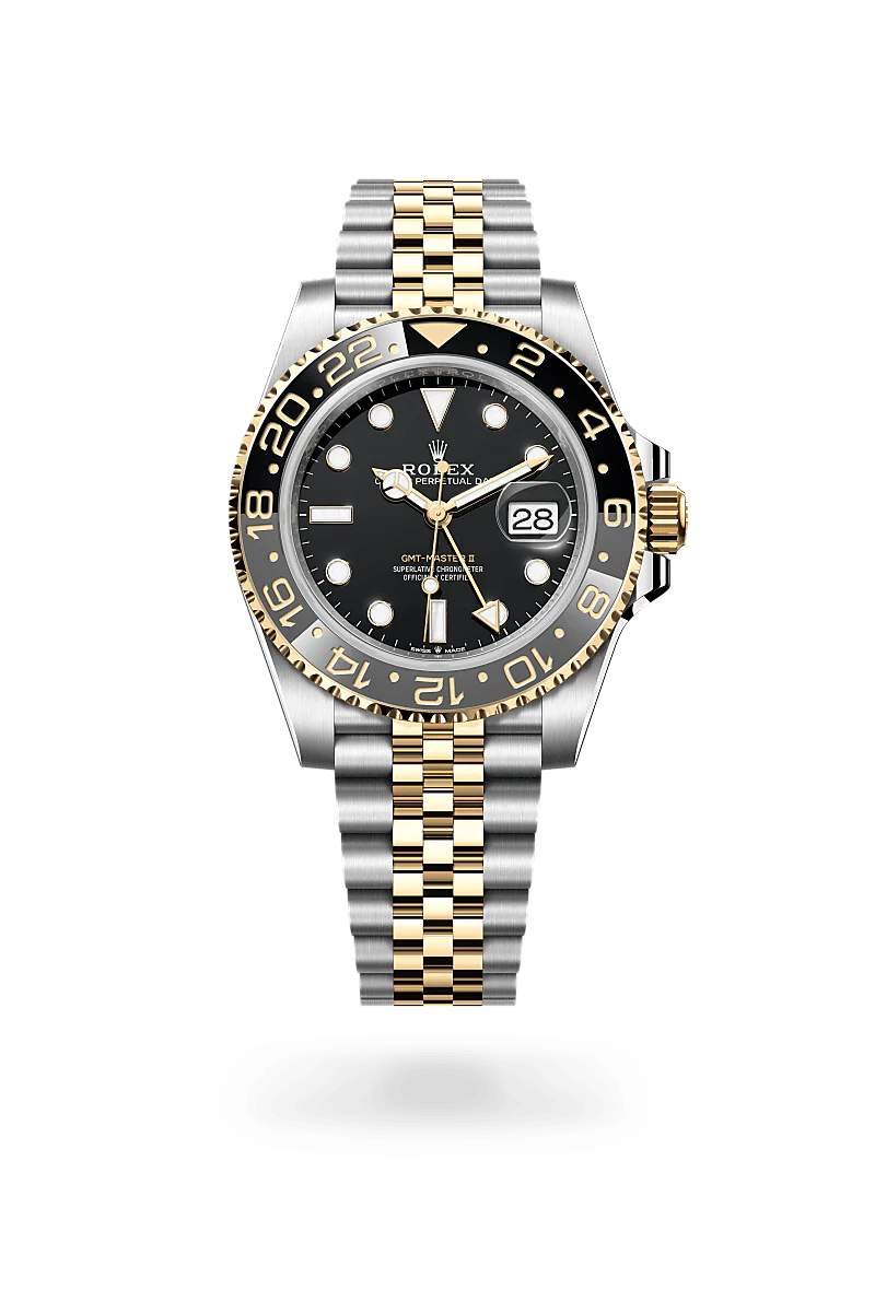 Rolex GMT-Master II in Oystersteel and Yellow Gold, m126713grnr-0001 Upright with Shadow - Fink's Jewelers