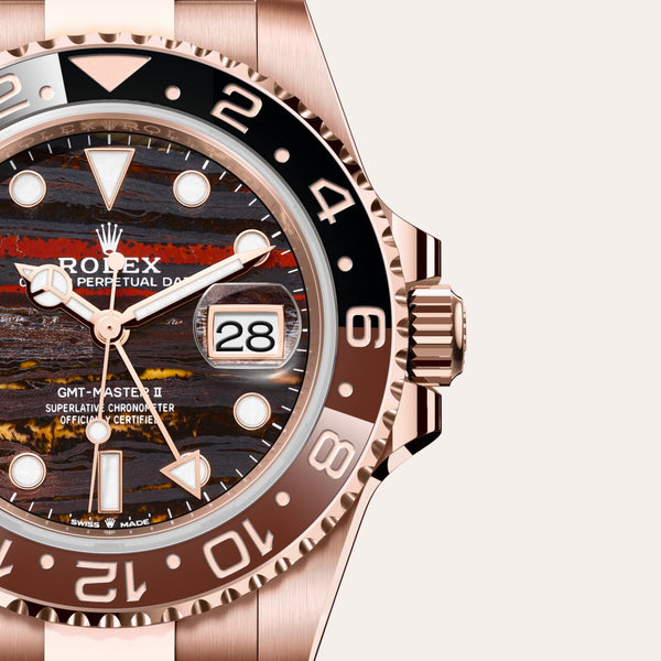Dial closeup of a Rolex GMT-Master II watch