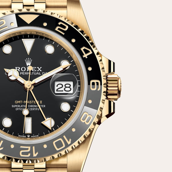 Dial closeup of a Rolex GMT-Master II watch
