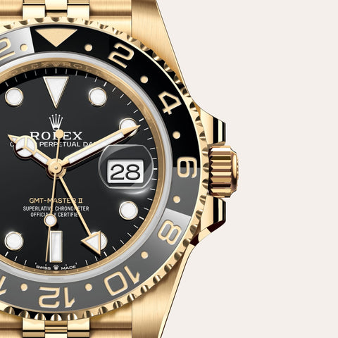 Dial closeup of a Rolex GMT-Master II watch