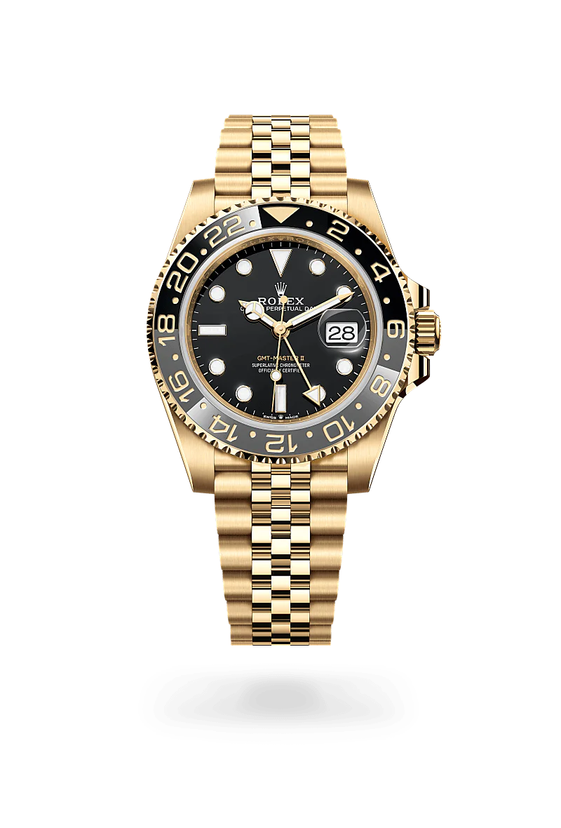 Rolex GMT-Master II in Yellow Gold, m126718grnr-0001 Upright with Shadow - Fink's Jewelers