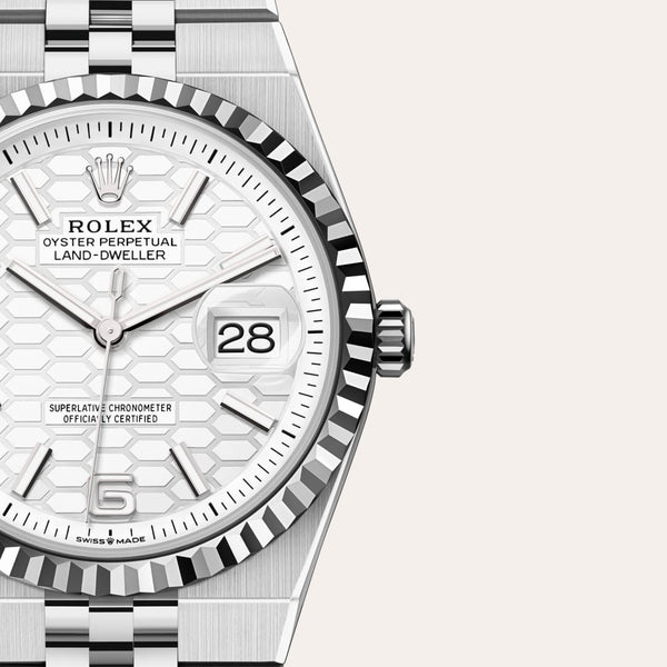 Dial closeup of a Rolex Land-Dweller watch