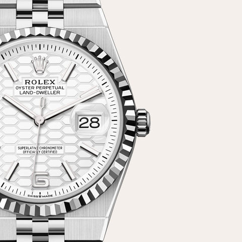Dial closeup of a Rolex Land-Dweller watch