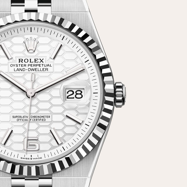 Dial closeup of a Rolex Land-Dweller watch