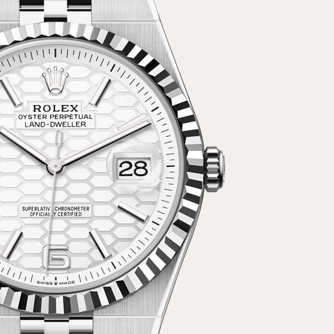 Dial closeup of a Rolex Land-Dweller watch