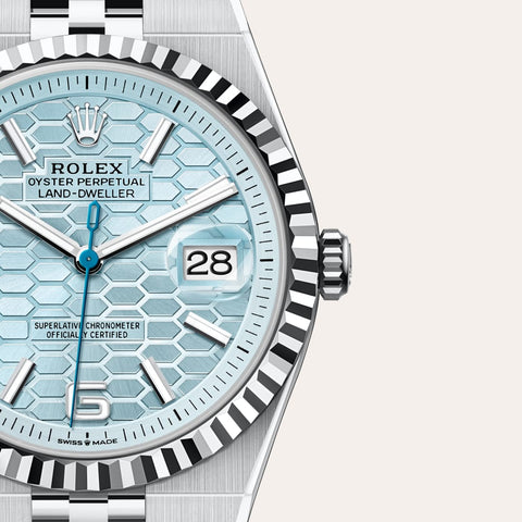 Dial closeup of a Rolex Land-Dweller watch