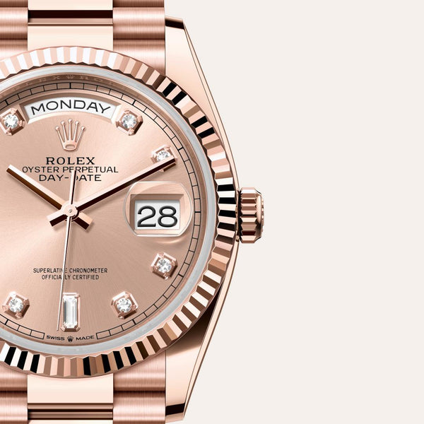 Dial closeup of a Rolex Day-Date watch