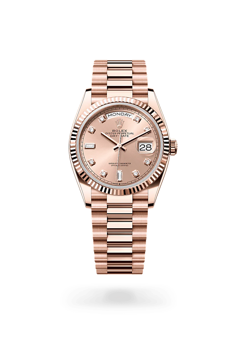 Rolex Day-Date 36 in Everose Gold, m128235-0009 Upright with Shadow - Fink's Jewelers
