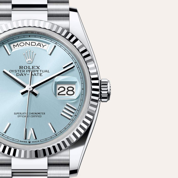 Dial closeup of a Rolex Day-Date watch