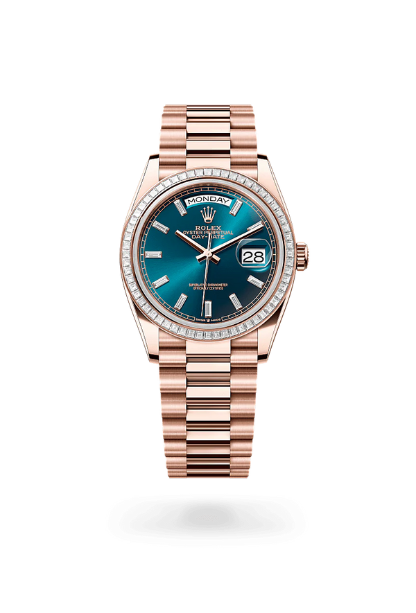 Rolex Day-Date 36 in Everose Gold and Diamonds, m128395tbr-0032 Upright with Shadow - Fink's Jewelers
