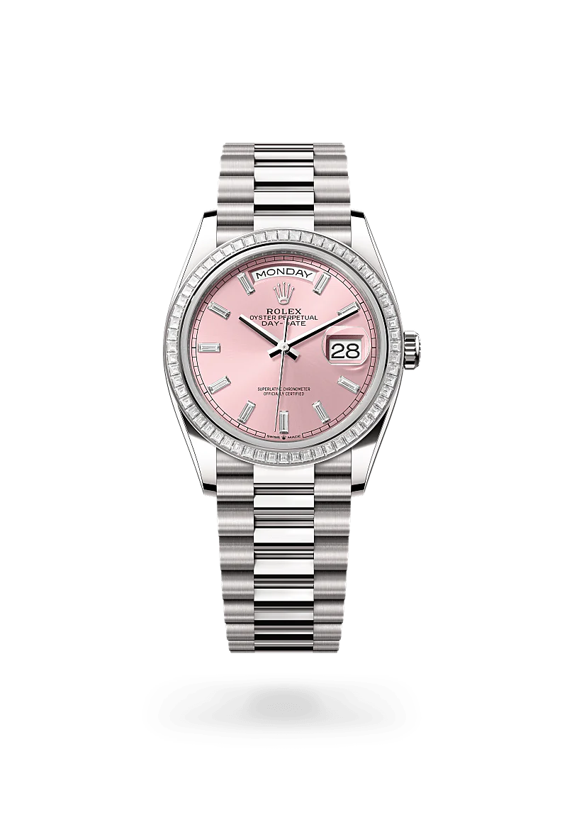 Rolex Day-Date 36 in White Gold and Diamonds, m128399tbr-0029 Upright with Shadow - Fink's Jewelers