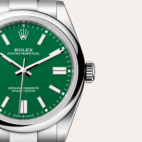 Dial closeup of a Rolex Oyster Perpetual watch