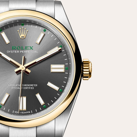 Dial closeup of a Rolex Oyster Perpetual watch