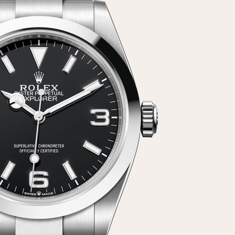 Dial closeup of a Rolex Explorer watch
