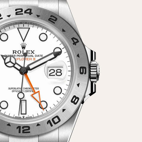 Dial closeup of a Rolex Explorer II watch