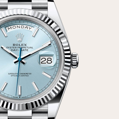 Dial closeup of a Rolex Day-Date watch