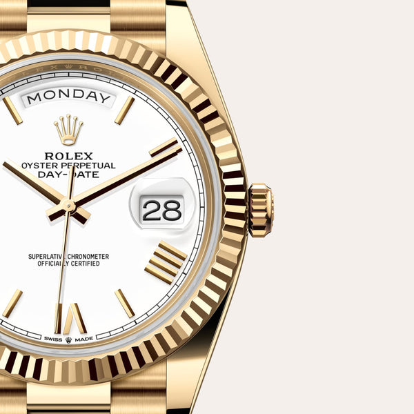 Dial closeup of a Rolex Day-Date watch