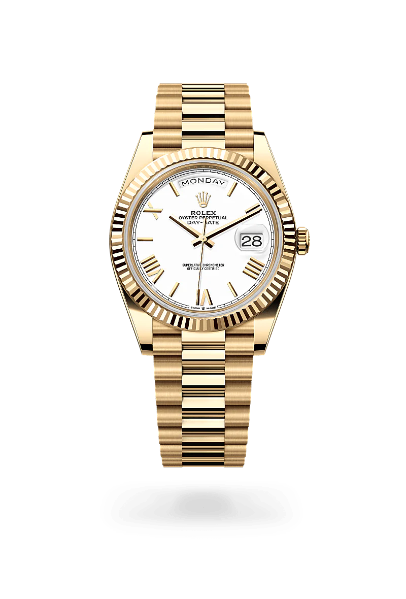 Rolex Day-Date 40 in Yellow Gold, m228238-0042 Upright with Shadow - Fink's Jewelers