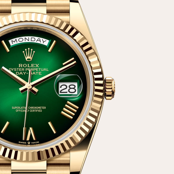 Dial closeup of a Rolex Day-Date watch