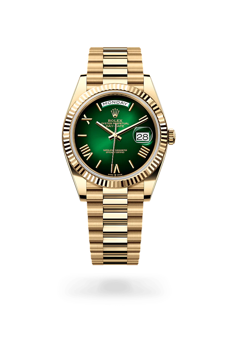Rolex Day-Date 40 in Yellow Gold, M228238-0069 Upright with Shadow - Fink's Jewelers