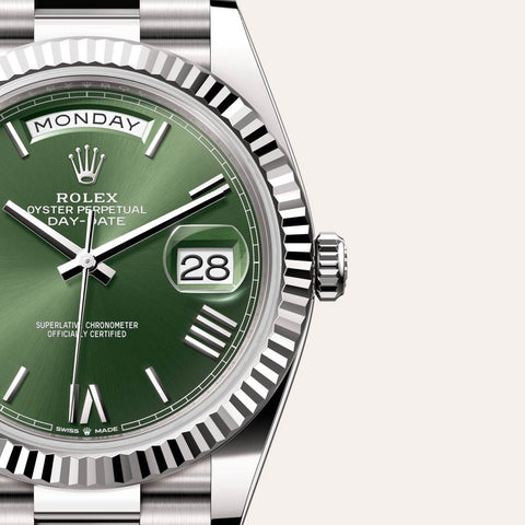 Dial closeup of a Rolex Day-Date watch