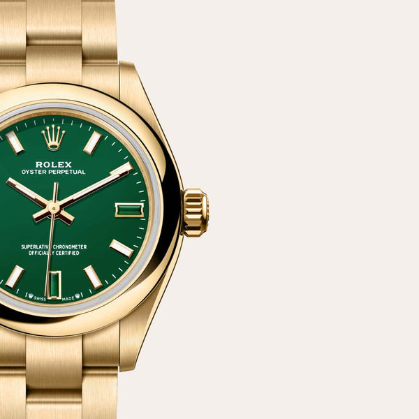 Dial closeup of a Rolex Oyster Perpetual watch
