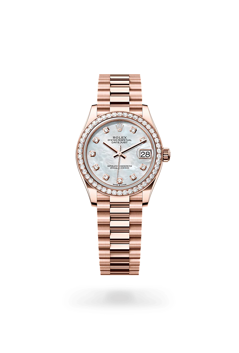 Rolex Datejust 31 in Everose Gold and Diamonds, m278285rbr-0005 Upright with Shadow - Fink's Jewelers