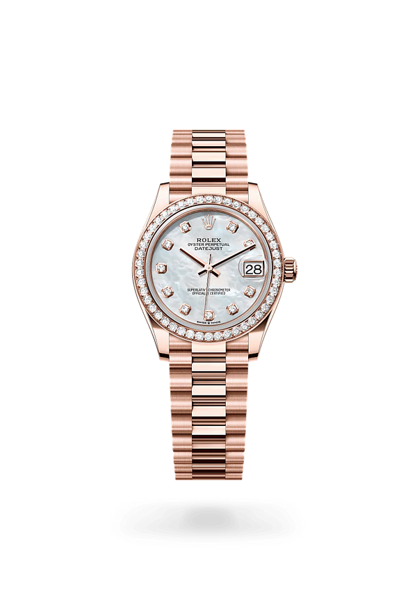 Rolex Datejust 31 in Everose Gold and Diamonds, m278285rbr-0005 Upright with Shadow - Fink's Jewelers