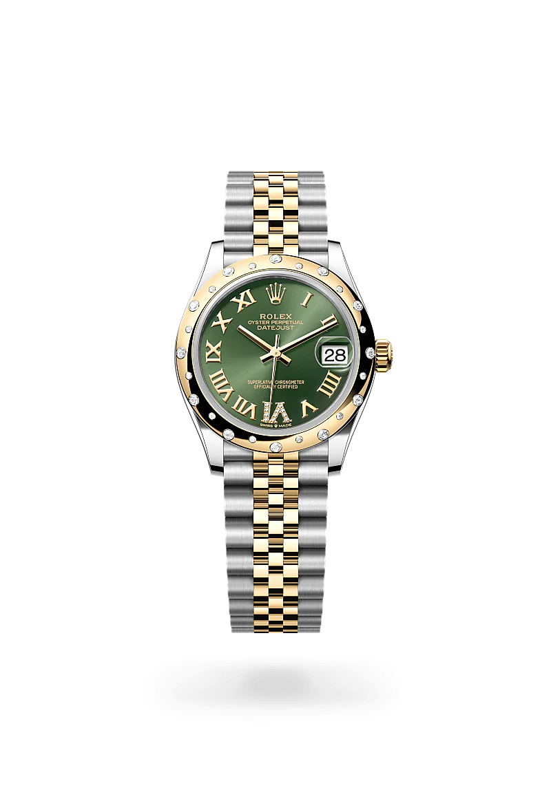 Rolex Datejust 31 in Oystersteel, Yellow Gold and Diamonds, m278343rbr-0016 Upright with Shadow - Fink's Jewelers