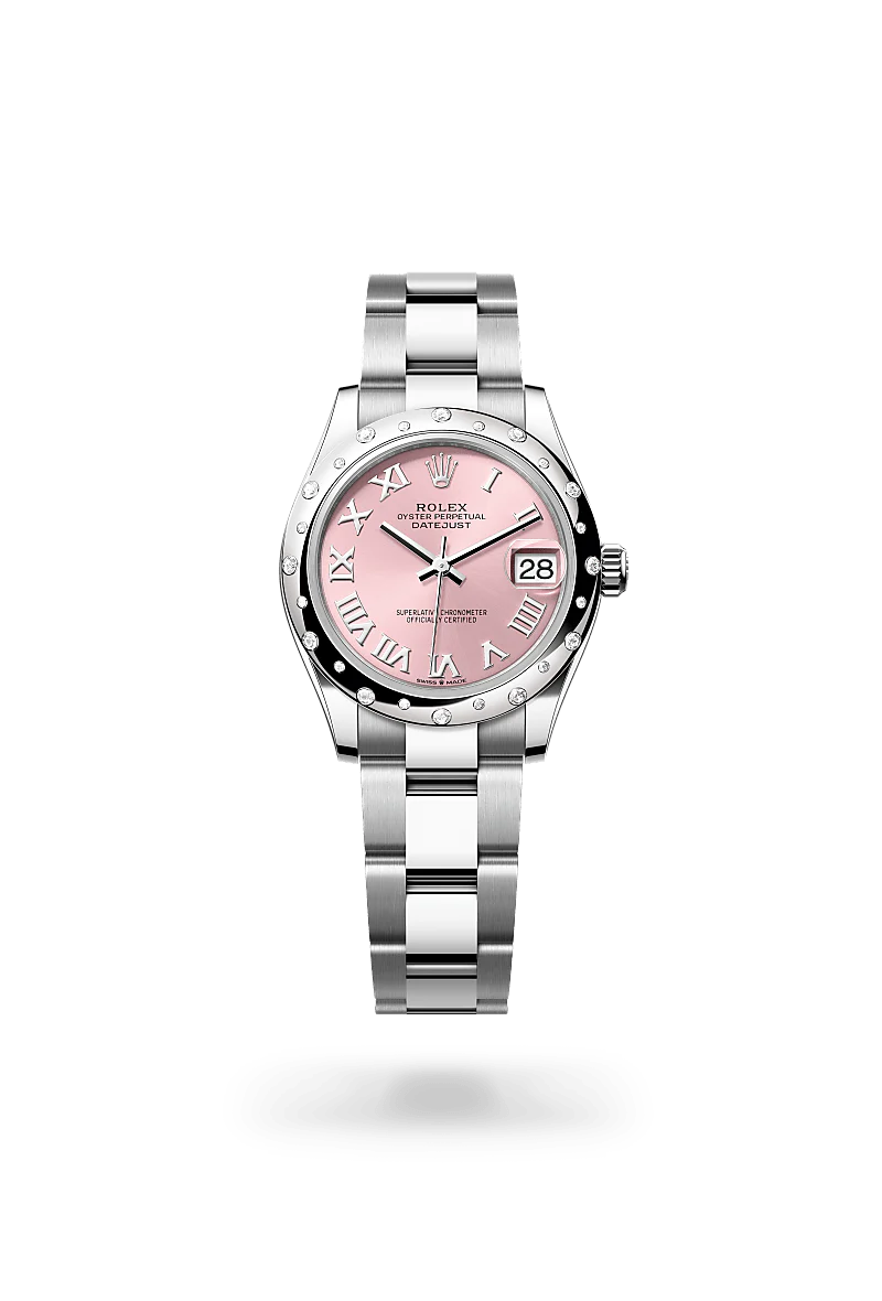 Rolex Datejust 31 in Oystersteel, White Gold and Diamonds, m278344rbr-0021 Upright with Shadow - Fink's Jewelers