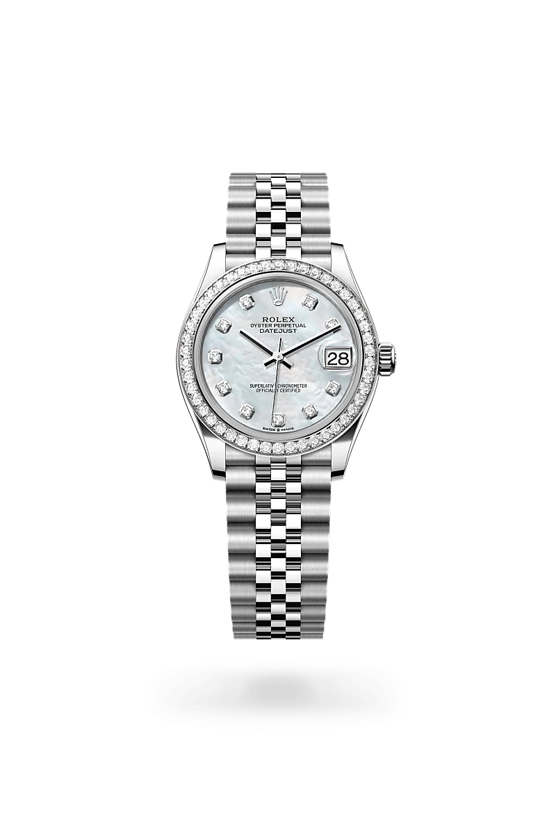 Rolex Datejust 31 in Oystersteel, White Gold, and Diamonds, m278384rbr-0008 Upright with Shadow - Fink's Jewelers