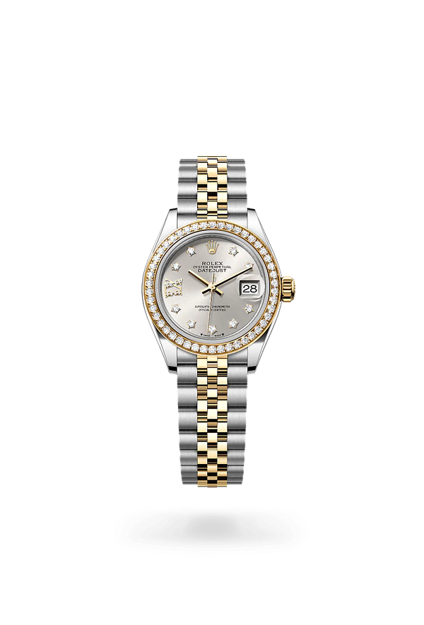 Rolex Lady-Datejust in Oystersteel, Yellow Gold and Diamonds, m279383rbr-0003 Upright with Shadow - Fink's Jewelers