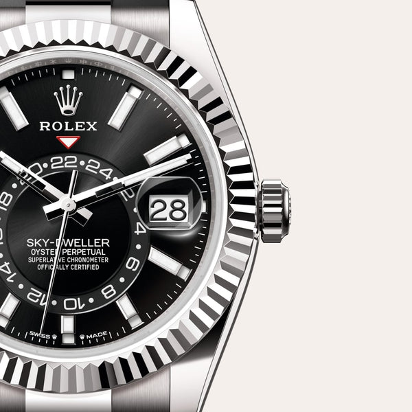 Dial closeup of a Rolex Sky-Dweller watch