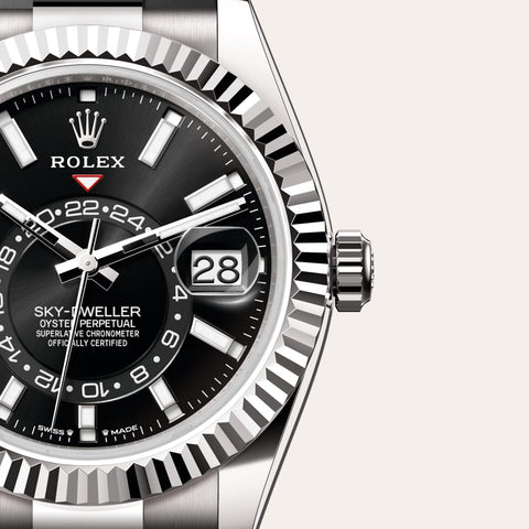 Dial closeup of a Rolex Sky-Dweller watch