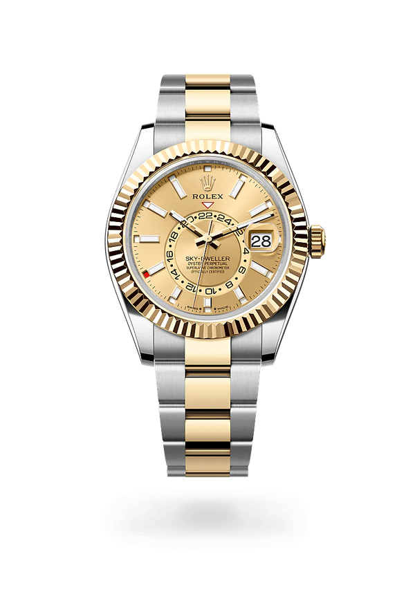 Rolex Sky-Dweller in Oystersteel and Yellow Gold, m336933-0001 Upright with Shadow - Fink's Jewelers
