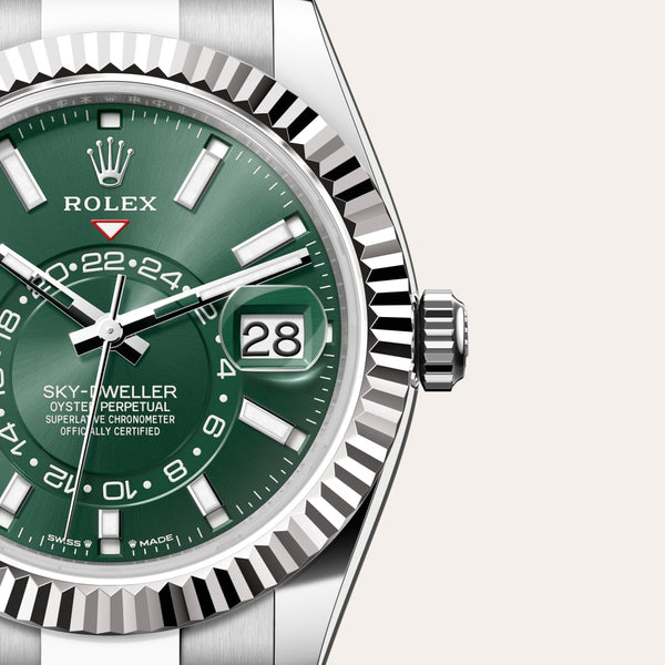 Dial closeup of a Rolex Sky-Dweller watch
