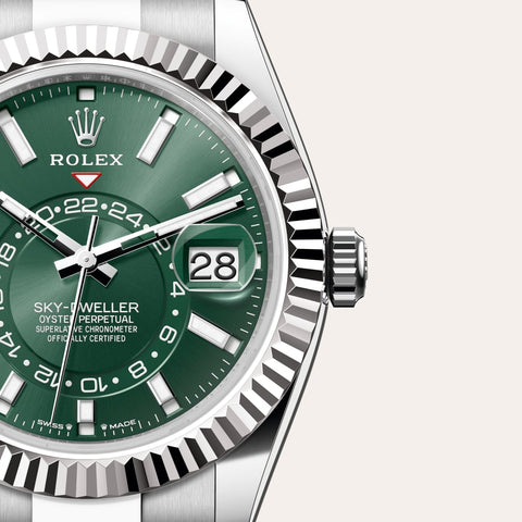 Dial closeup of a Rolex Sky-Dweller watch