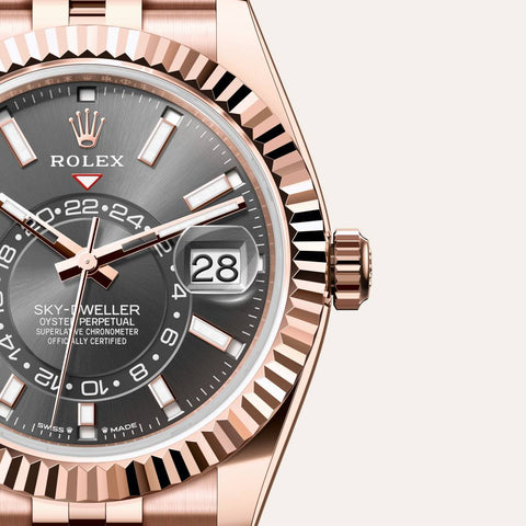 Dial closeup of a Rolex Sky-Dweller watch