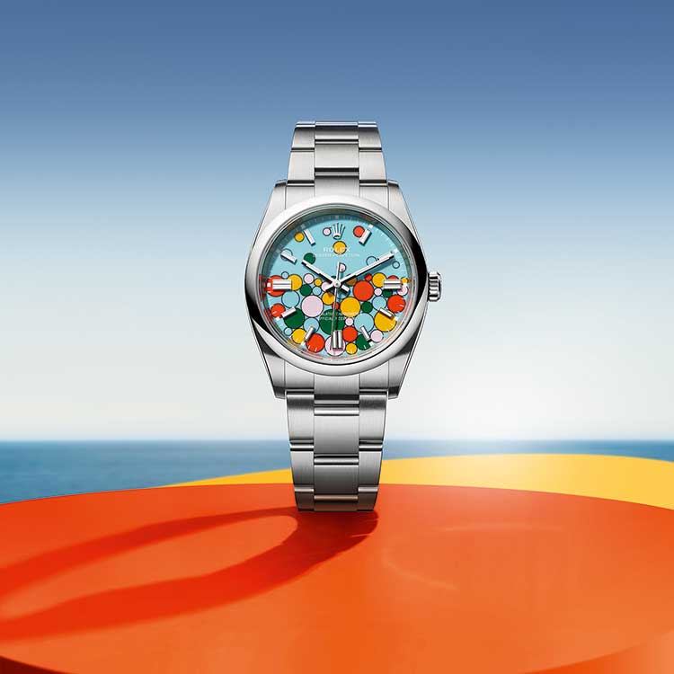 Oyster Perpetual with a New Lacquered Dial in Celebration Motif on Display