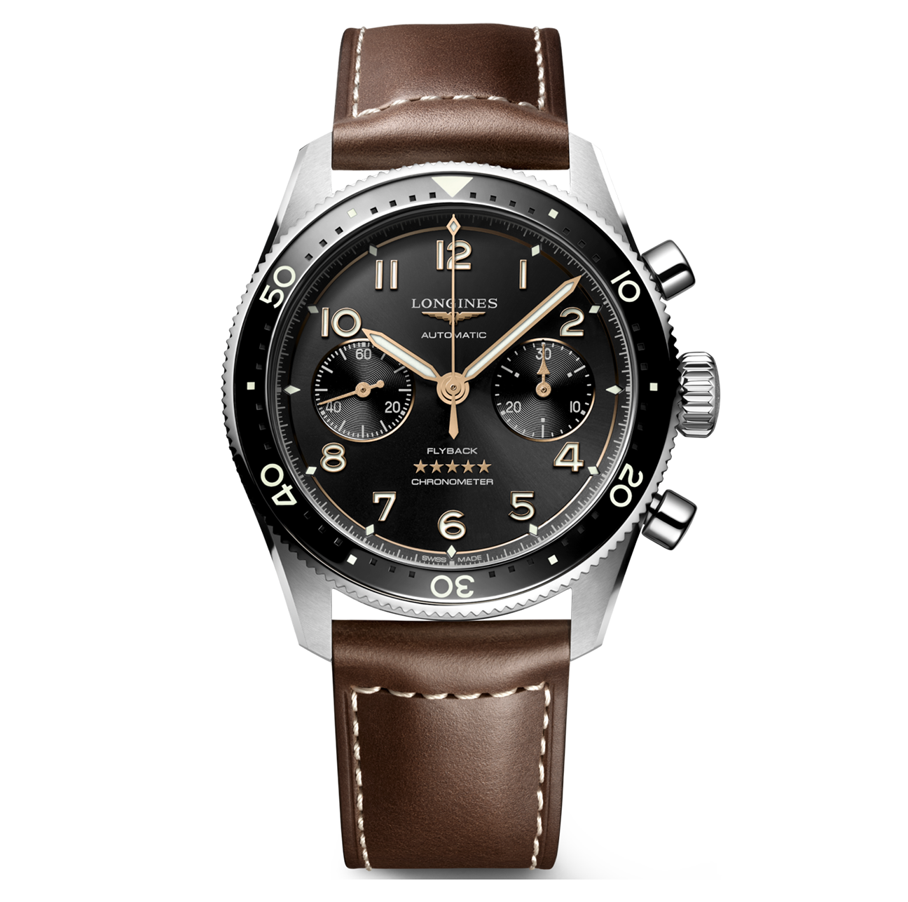 Longines Spirit Flyback 42mm Watch with Leather Strap