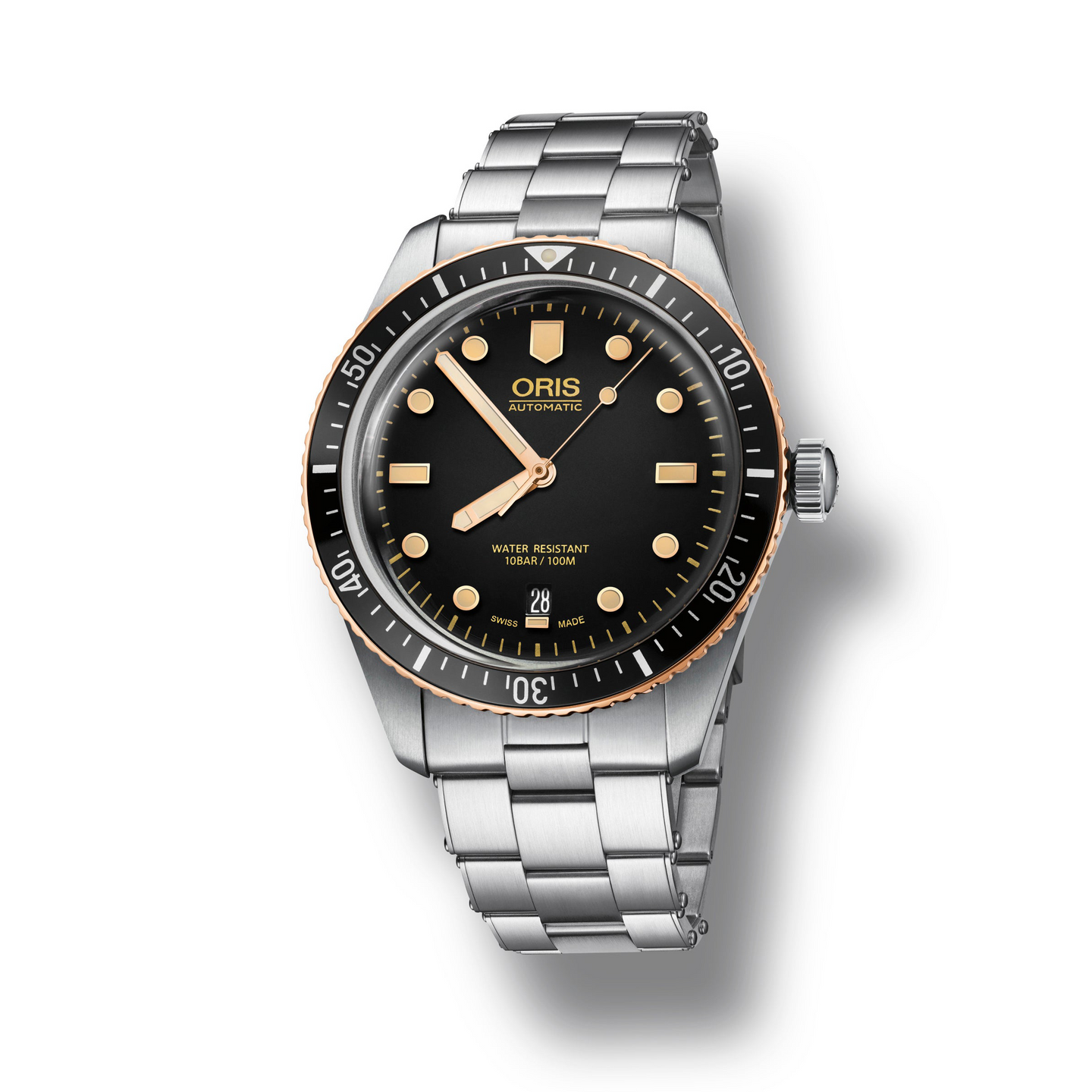 Oris Divers Black Dial Watch with Bronze Top Ring Presented on Steel Bracelet