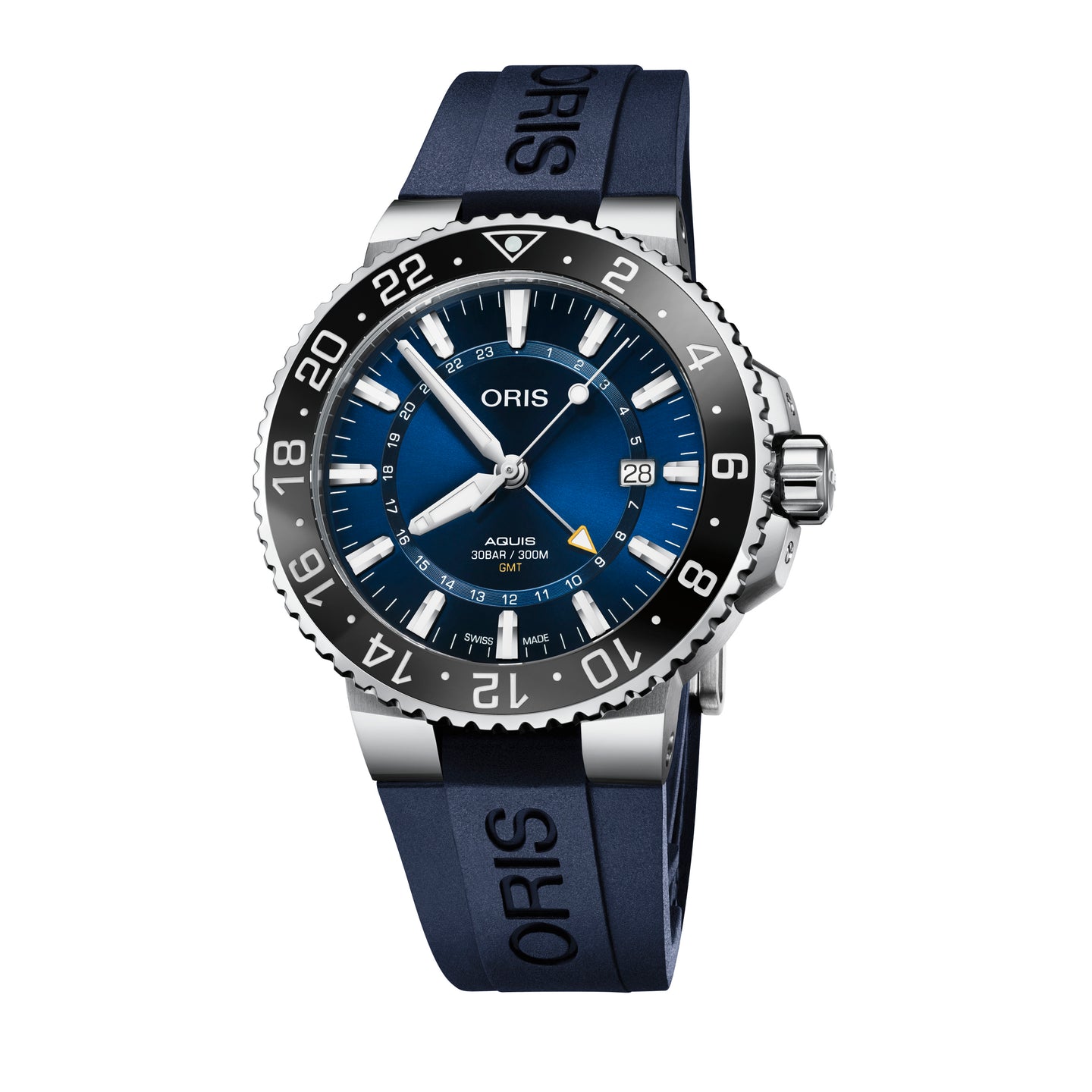Oris Aquis GMT Date Automatic Watch with Blue Dial and Rubber Strap