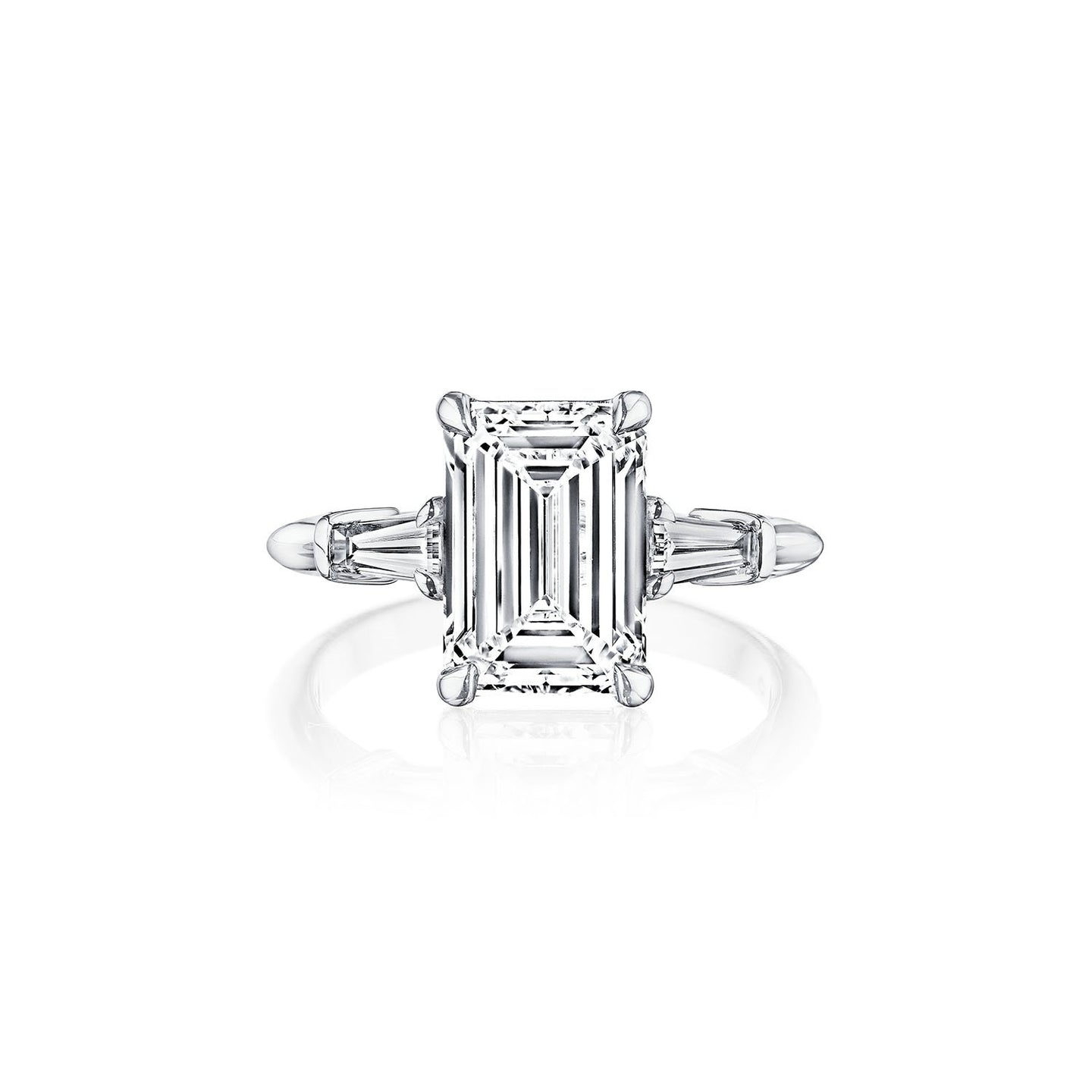 Fink's Exclusive Platinum Emerald and Baguette Side Stone Engagement Ring