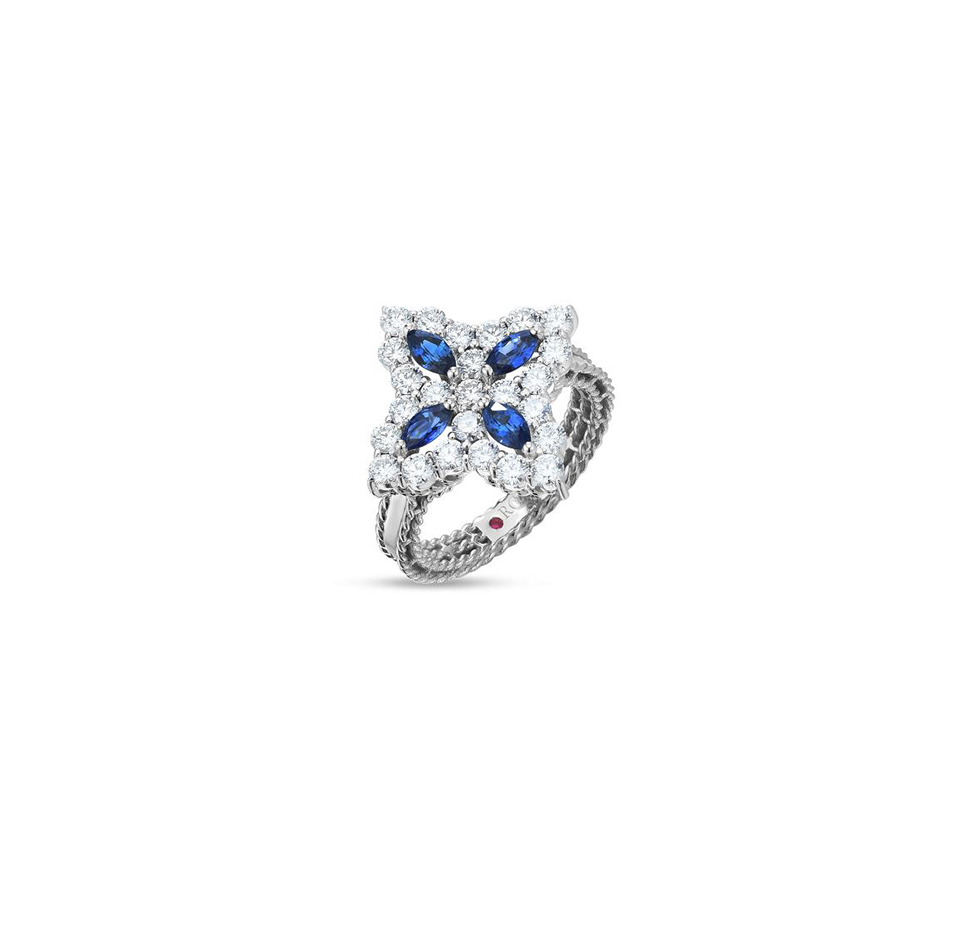 Roberto Coin Princess Flower 18K White Gold Diamond and Sapphire Ring