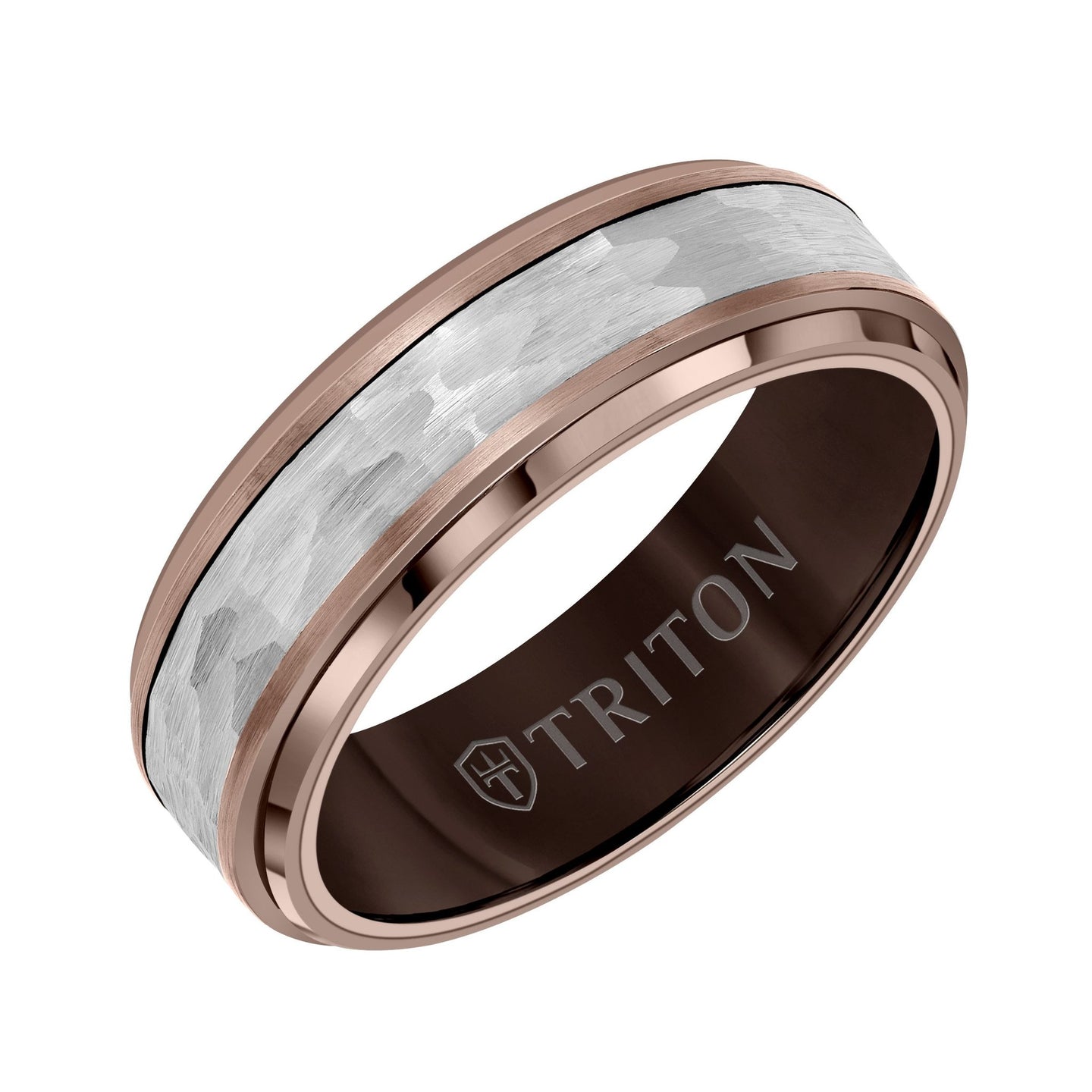 Triton Men's 7mm Espresso Tungsten Carbide Step Edge Wedding Band with Hammered Center
