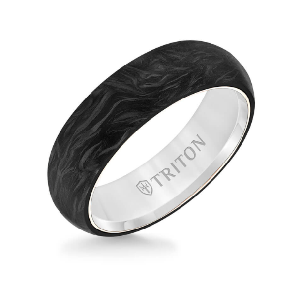 Triton Men's 6mm 14K White Gold & Forged Carbon Domed Band
