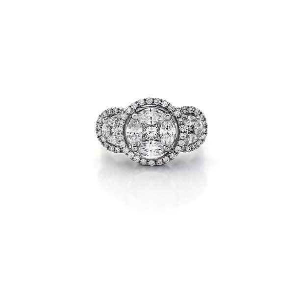 Sabel Collection 14K White Gold Round, Marquise, and Princess Cut Diamond Three Circle Ring