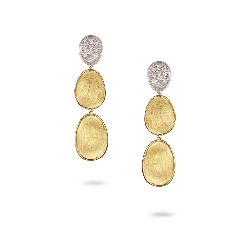 Marco Bicego Lunaria 18K Yellow Gold Hand-Engraved Two Element Dangle Earrings with Diamonds